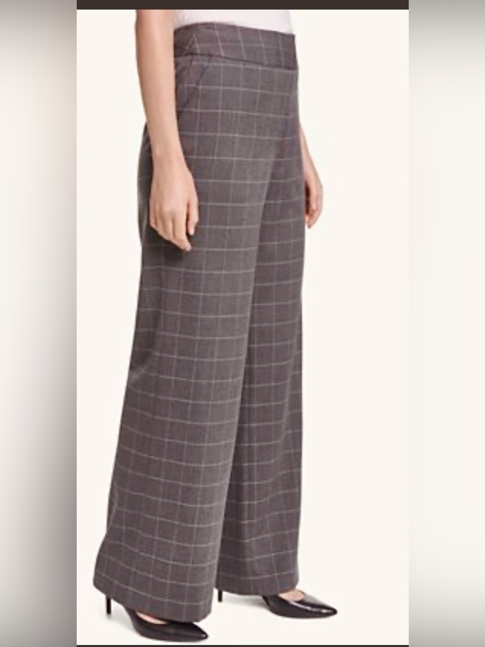 Wide-leg grey plaid pants / trousers. Business casual, office, academia. Size 18